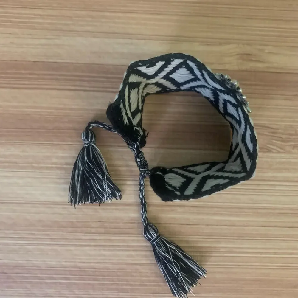 2/$30 Black White Silver Heart On Fire Adjustable Wrap Statement Bracelet Tassel